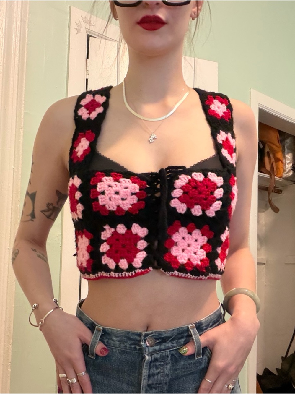Hand Crafted Black Crochet Camisole with Pink and Red Granny Squares